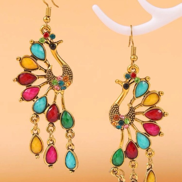 Rhinestone Decor Peacock Dangling Earrings - Picture 3 of 3